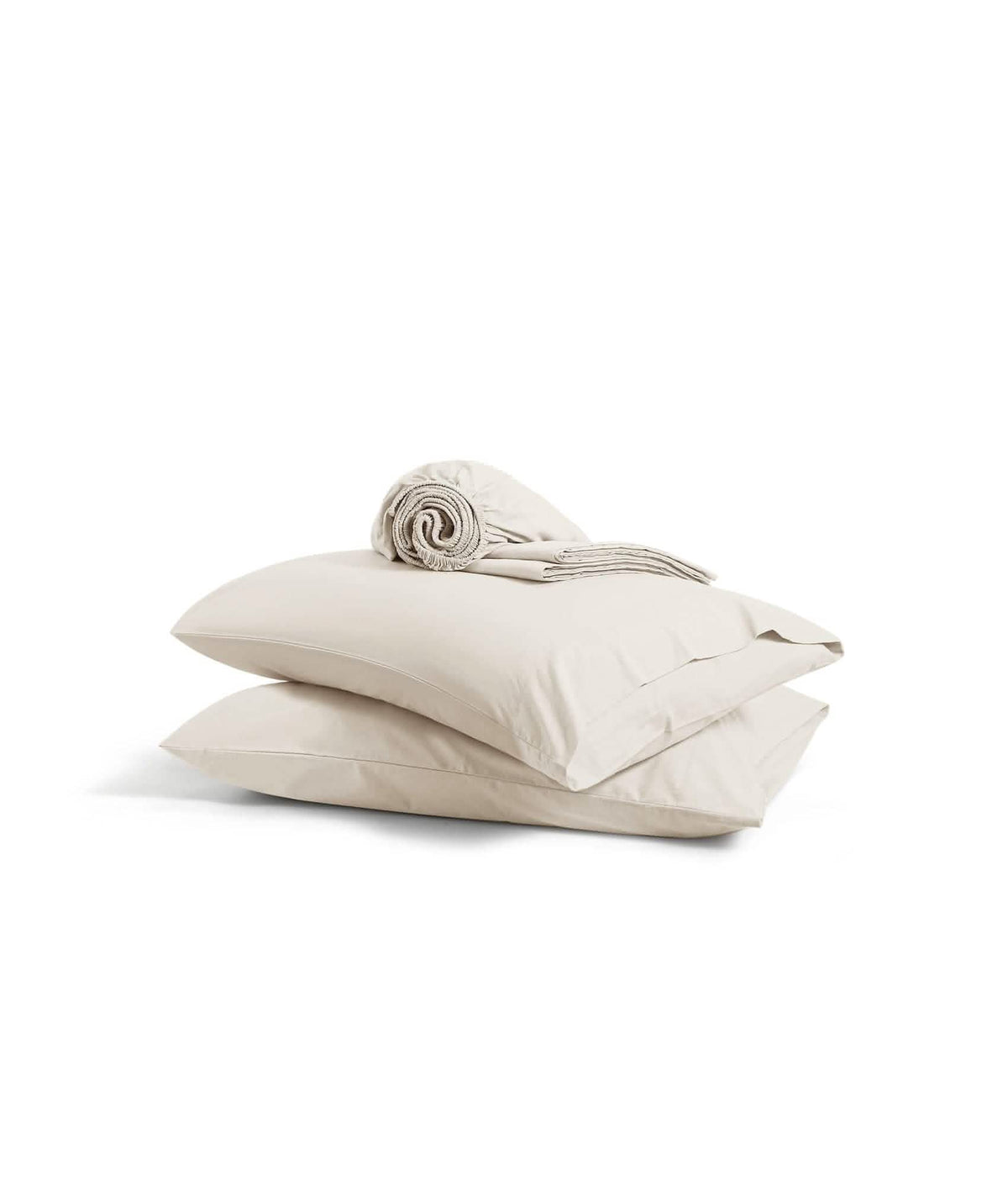Beige cotton percale weave sheet set: stacked pillowcases and rolled sheet.