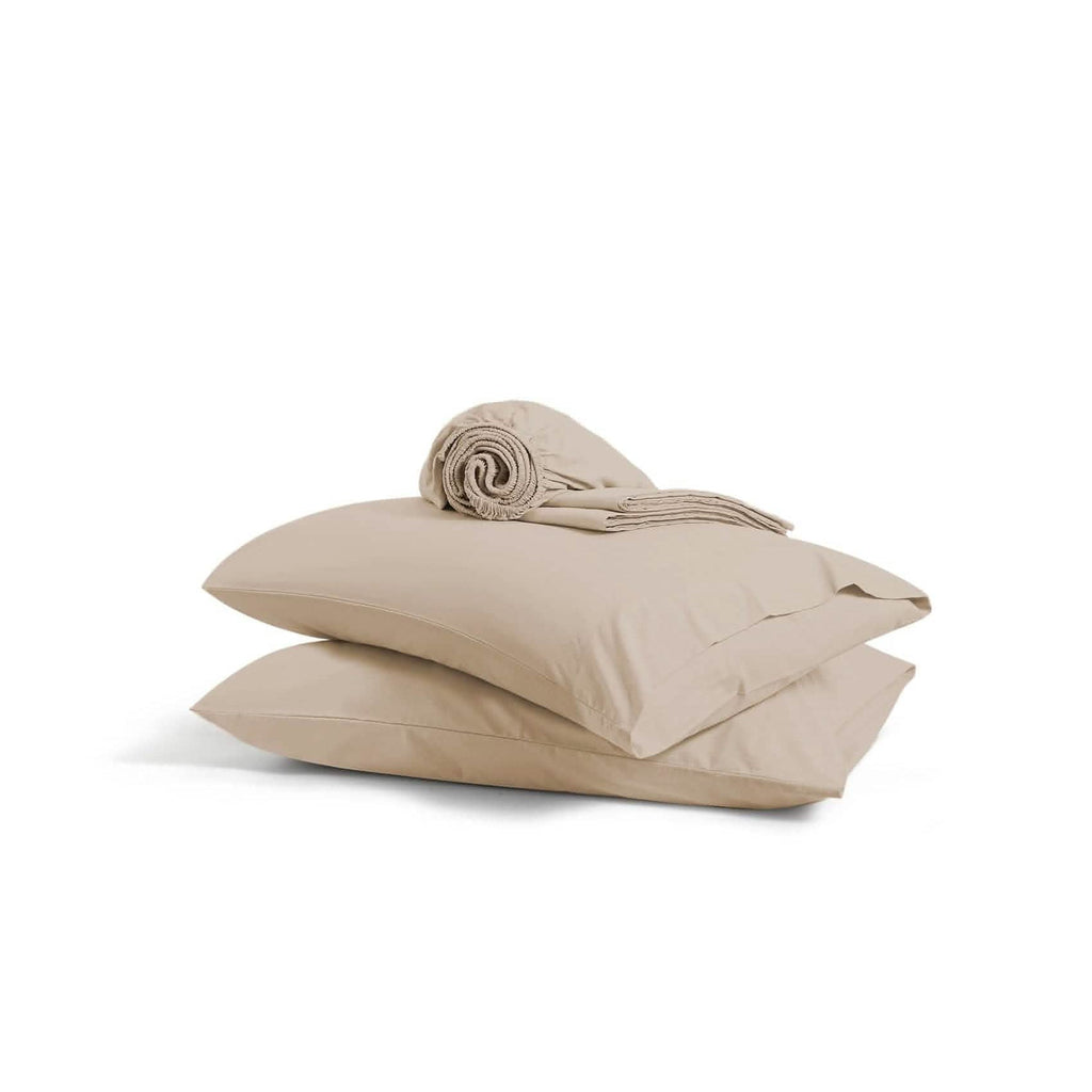 Taupe GentleSoft Cotton Percale pillowcases and folded sheet set, showing soft, breathable texture.