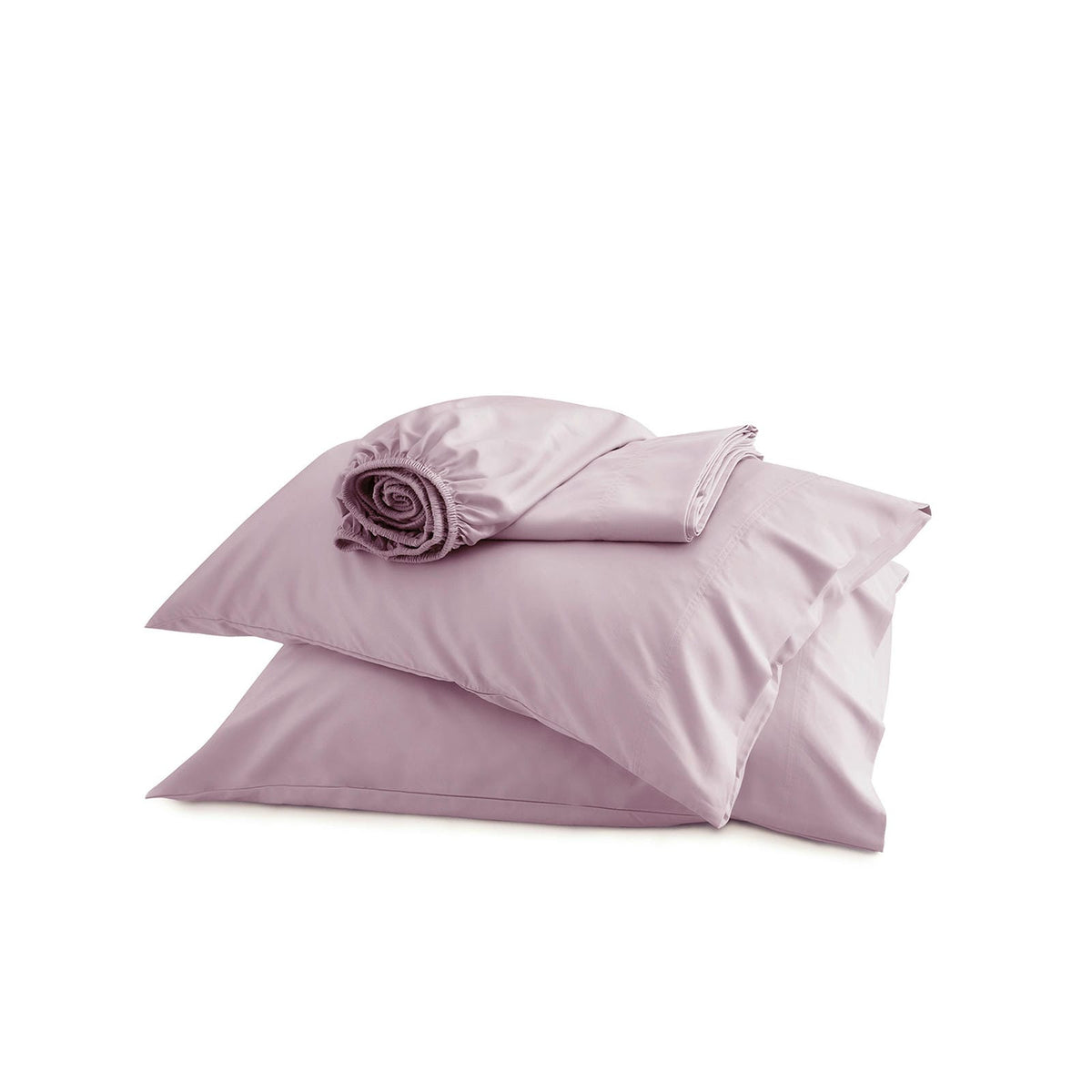 Stack of GentleSoft dusty rose rayon derived from bamboo pillowcases and fitted sheet, showcasing texture and smooth finish.