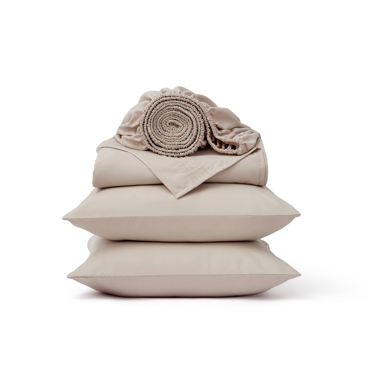 GentleSoft deep pocket sheet set includes two pillowcases, flat sheet, and fitted sheet in light beige brushed polyester.